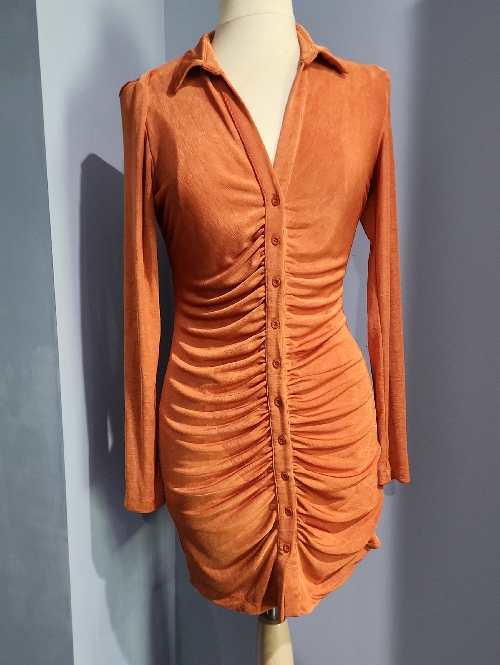 Hello Molly button front ruched orange collared dress Size 8